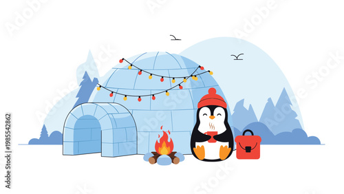 Happy penguin wearing a red beanie sits by a campfire outside an igloo while holding a mug of hot cocoa in a snowy landscape.
