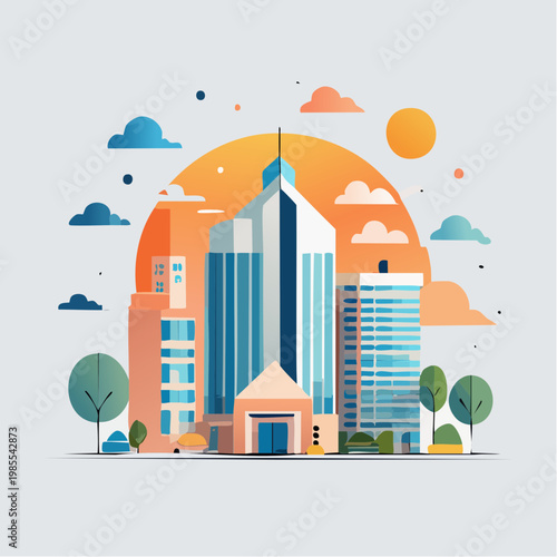 Vibrant Modern City Illustration Showcasing a Lively Urban Landscape with Contemporary Buildings and a Bright Skyline