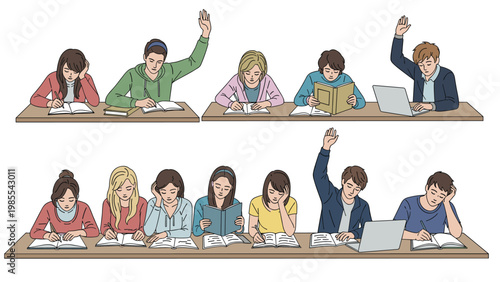 Students in a classroom setting are shown sitting at their desks while reading, writing, and raising their hands to ask questions.