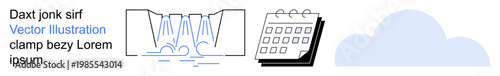 Data organization, scheduling, workflow, project management, task automation, business planning. Illustration of a waterfall diagram, a calendar and a cloud icon. Scheduling and workflow planning
