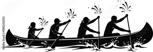 Four people in silhouette paddling a canoe with water splashing rowing