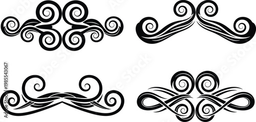 Four black ornamental scrollwork with swirling patterns and leaf flourish curl