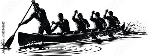 Five silhouetted figures rowing a canoe in black and white paddling boat water
