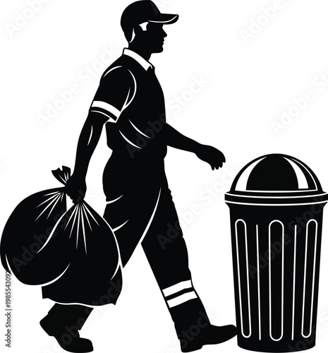 Silhouette of a sanitation worker carrying a trash bag next to a bin garbage man trash collector black and white