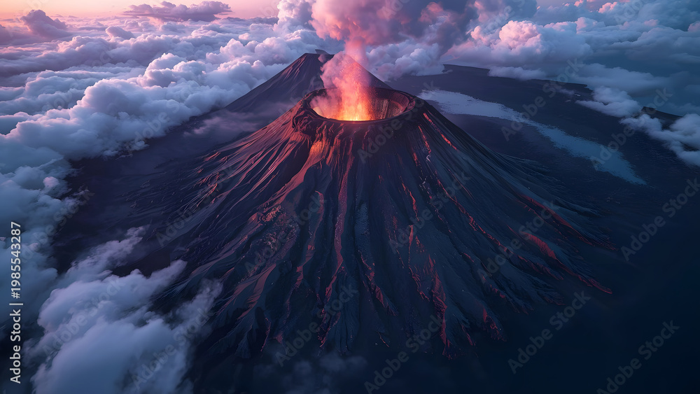 Fototapeta premium Active Volcano Erupting Lava and Smoke at Sunset, Aerial View