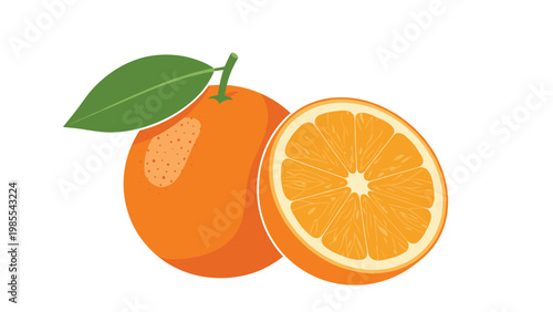 Whole fresh orange with a green leaf and a perfectly sliced half showing the juicy segments inside on a plain white background.