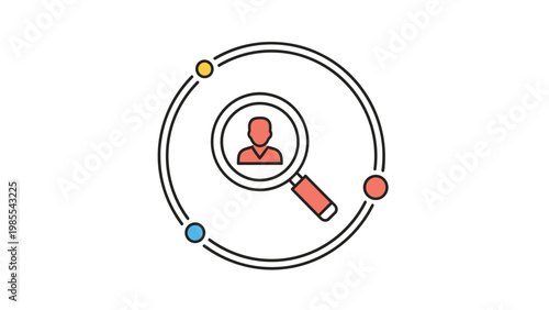 User search and recruitment outline icon featuring a magnifying glass examining a person's profile within concentric circles, for identification.