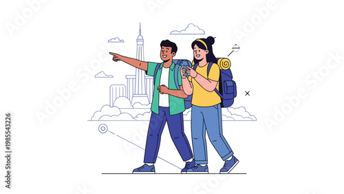 Two young backpackers standing together and looking at a distant city skyline while using a smartphone map for navigation on their trip.
