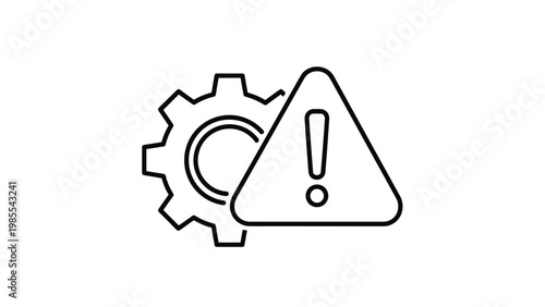 System error or problem outline icon featuring a gear (cogwheel) next to an exclamation mark in a triangle, indicating technical issues or warnings.