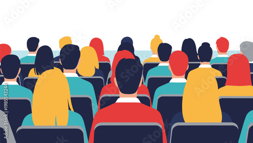 Rear view of a large diverse audience sitting in blue chairs and watching a presentation or performance in a bright modern hall.