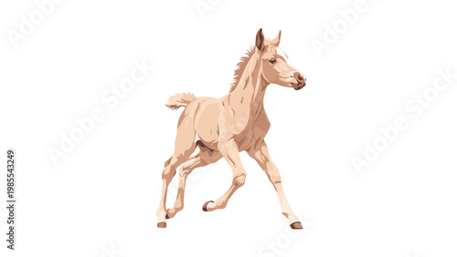 Young light brown horse foal galloping energetically across a white background showing its graceful movement and slender legs.