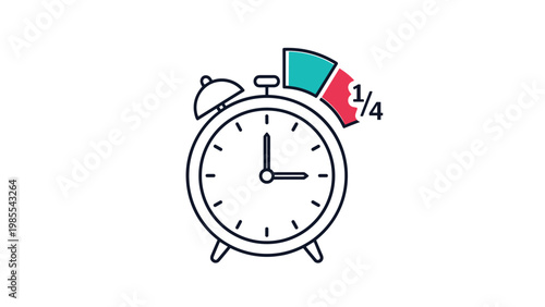 Outline illustration of a retro alarm clock with a quarter of the dial highlighted in color, signifying a specific time interval or a deadline.
