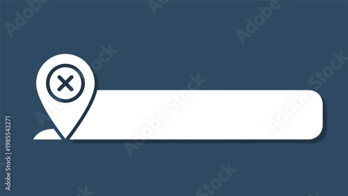 White location pin icon with an 'X' symbol and a horizontal text box, indicating an unavailable, canceled, or incorrect location.