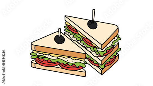 Two delicious triple-decker club sandwiches with fresh lettuce, tomato, cheese, and olives on toothpicks over a white background.