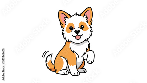Adorable cartoon corgi puppy sitting upright and waving its front paw with a happy smile and its tail wagging on a white background.