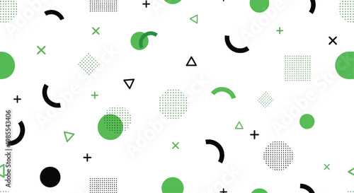 White background with scattered green and black geometric shapes and patterns abstract