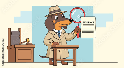 Cartoon detective dachshund dog with magnifying glass examining evidence document near courtroom justice and law illustration