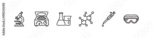 A set of minimalist line icons for scientific research, clinical laboratory testing, and chemical analysis.