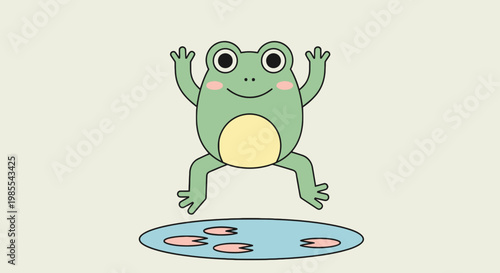 Cartoon frog jumping happily over a small pond with lily pads rendered in a charming vector illustration style on light background