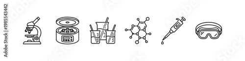 A set of minimalist line icons for scientific research, clinical laboratory testing, and chemical analysis.