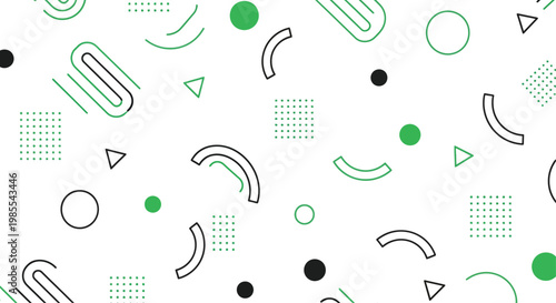 White background with scattered black and green geometric shapes and lines abstract pattern