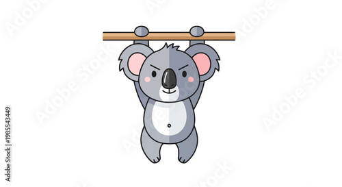 Cartoon koala hanging from wooden bar with determined expression in vector art; cute gray animal with pink ears pulling up on bar
