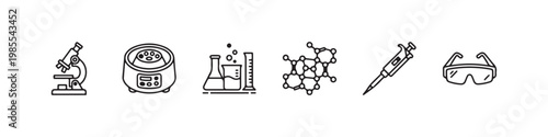 A set of minimalist line icons for scientific research, clinical laboratory testing, and chemical analysis.