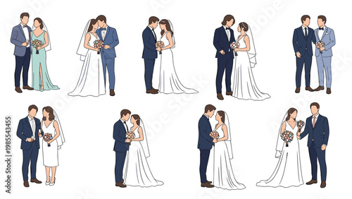 Diverse collection of nine wedding couple illustrations showing different poses, outfits, and affectionate moments on a white background.
