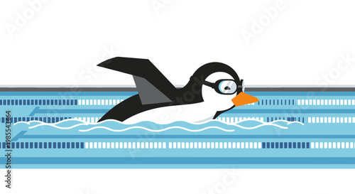 Cartoon penguin swimmer wearing goggles freestyle swimming in blue lane pool with lane markers in illustration vector