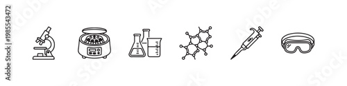 A set of minimalist line icons for scientific research, clinical laboratory testing, and chemical analysis.