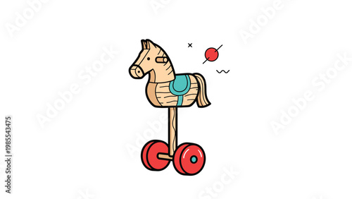 Classic wooden hobby horse toy on two red wheels with a turquoise saddle and a long handle for children to play with.