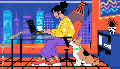 A woman works on her laptop with her dog by her side in a modern home office with a city view