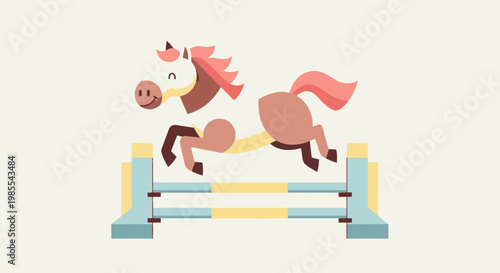 Cartoon style horse jumping over obstacle course in cute equestrian competition illustration; light cream background adds a playful touch