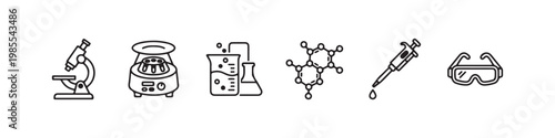 A set of minimalist line icons for scientific research, clinical laboratory testing, and chemical analysis.