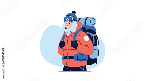 Male hiker wearing warm winter clothing, goggles, and a massive backpack standing in a snowy landscape ready for a mountaineering expedition.
