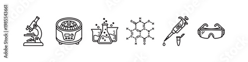 A set of minimalist line icons for scientific research, clinical laboratory testing, and chemical analysis.