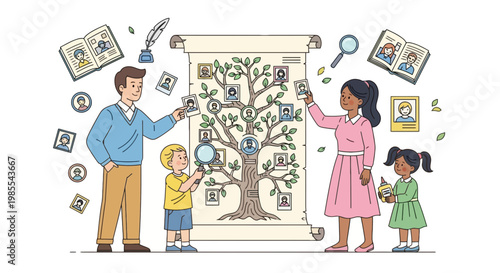 Family constructing their genealogy tree from photos using magnifying glasses and glue an illustrated vector in soft pastel colors