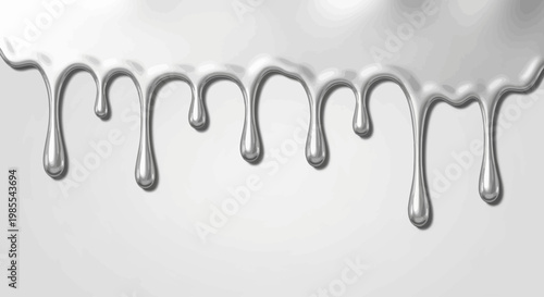 Abstract white liquid drips and flowing metallic texture on a gray background, representing fluid motion and liquid metal effects