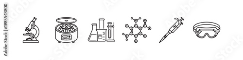 A set of minimalist line icons for scientific research, clinical laboratory testing, and chemical analysis.