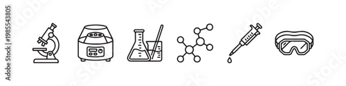 A set of minimalist line icons for scientific research, clinical laboratory testing, and chemical analysis.