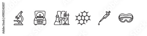 A set of minimalist line icons for scientific research, clinical laboratory testing, and chemical analysis.