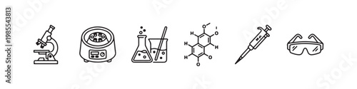 A set of minimalist line icons for scientific research, clinical laboratory testing, and chemical analysis.