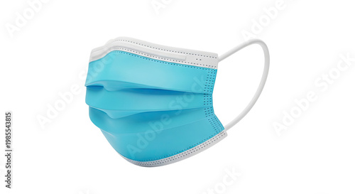 Blue surgical face mask with white ear loops on white background