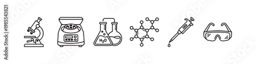A set of minimalist line icons for scientific research, clinical laboratory testing, and chemical analysis.