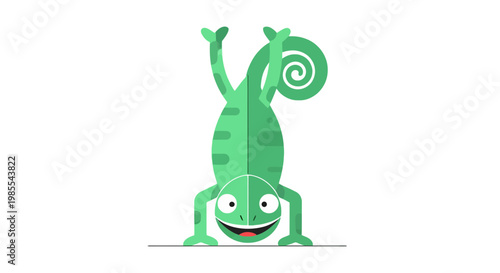 Green vector chameleon doing a handstand illustration cartoon style design element with spiral tail cheerful smiling gecko character on white