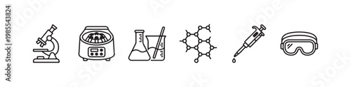 A set of minimalist line icons for scientific research, clinical laboratory testing, and chemical analysis.