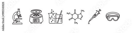 A set of minimalist line icons for scientific research, clinical laboratory testing, and chemical analysis.