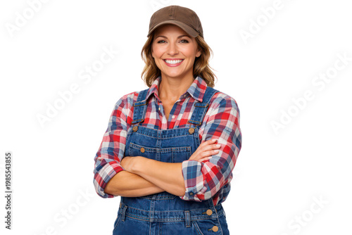 Smiling female farmer in plaid shirt and denim overalls, confident agricultural worker portrait, rustic rural lifestyle concept isolated on Transparent Background