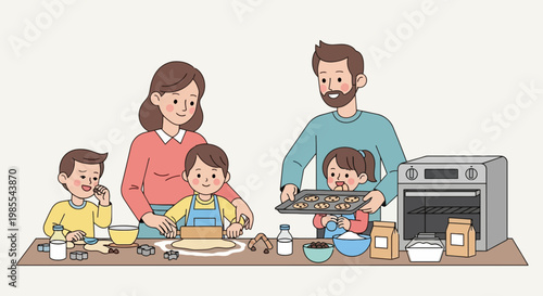 Happy family baking together at home in cartoon style illustration; mother father and kids baking cookies with oven and kitchen tools