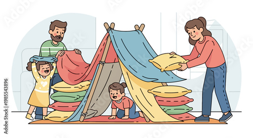 Happy family building a cozy pillow fort indoors together in a cartoon illustration style creating a fun and playful living room scene
